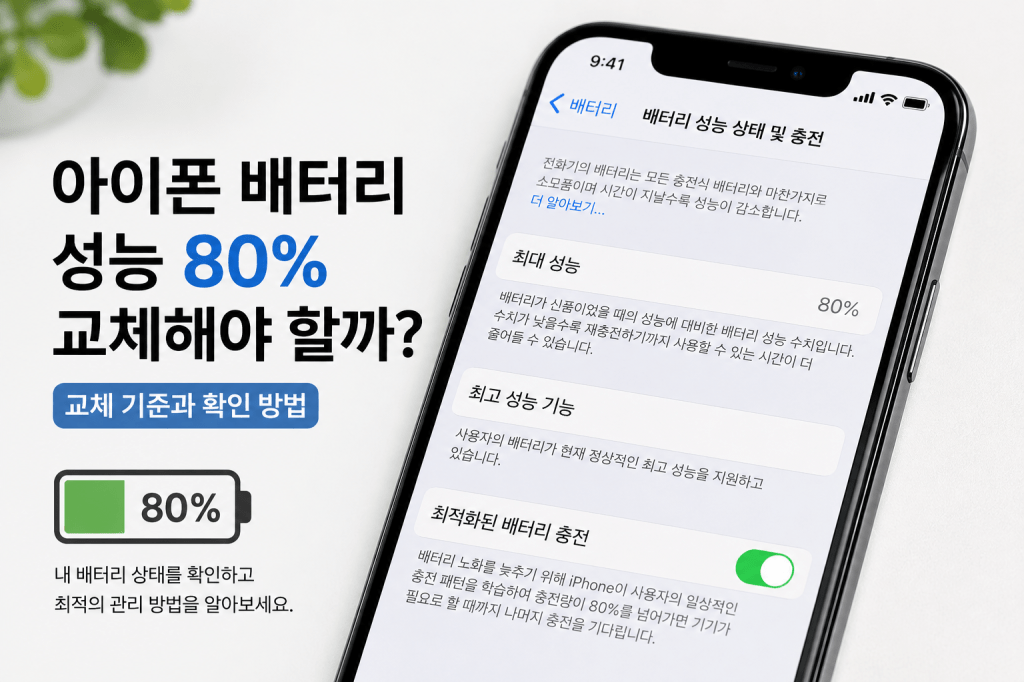 아이폰 배터리 성능 80%와 배터리 교체 기준을 보여주는 이미지
